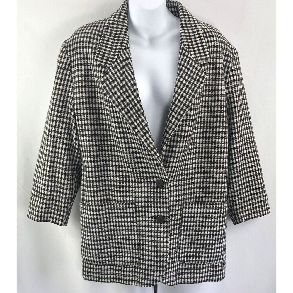 Vintage Boxy Blazer Jacket M Blk Wht Houndstooth oversized Retro 80s academia